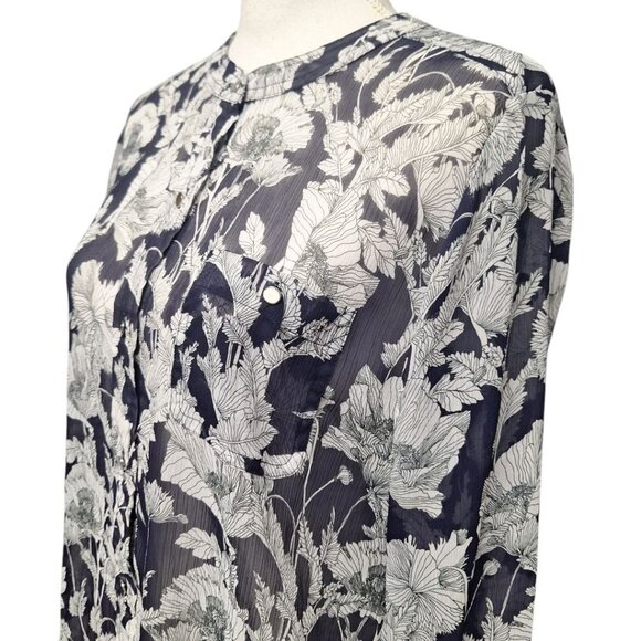 Liz Claiborne Sheer Top Button Down Blue Floral Long Sleeve Medium Blouse - Picture 13 of 13